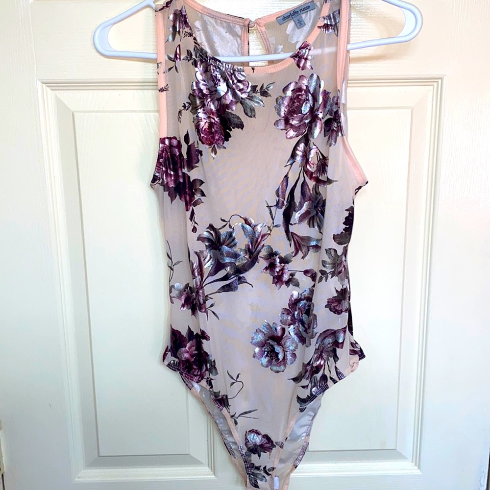 M Pink, silver, and purple floral body suit/shirt